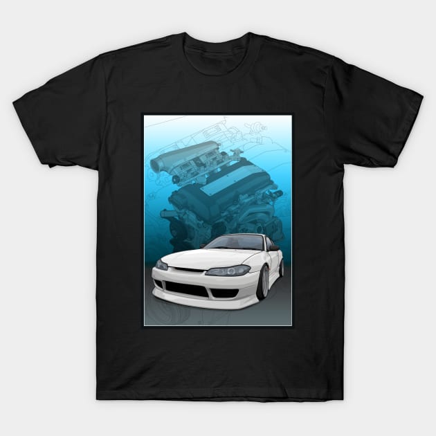 Silvia S15 with SR20 background T-Shirt by ArtyMotive